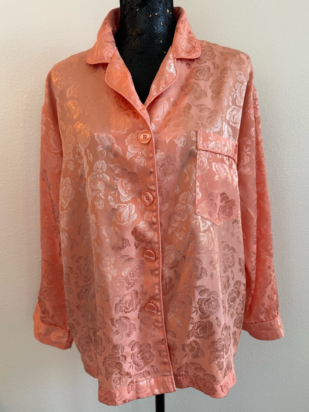 Victoria’s Secret Vintage Gold Label Silky Peach Floral Button-Up PJ Too Size S